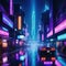 Night scene of after rain city in cyberpunk futuristic nostalgic Neon lights vibrant photorealistic horizontal