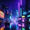 Night scene of after rain city in cyberpunk futuristic nostalgic Neon lights vibrant photorealistic horizontal