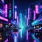 Night scene of after rain city in cyberpunk futuristic nostalgic Neon lights vibrant photorealistic horizontal