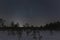 Night scene in winter in nature in Estonia. Snow, trees and starry sky at the Viru raba
