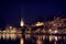 Night scene of Zurich river, in front of Zurich central station