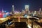 Night scenery of Hong Kong, viewed from Tsim Sha Tsui area in Kowloon, with city skyline of crowded skyscrapers