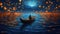 Night scenery of a man rowing a boat among many glowing moons floating on the sea, fantasy journey, surreal concept