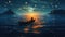 Night scenery of a man rowing a boat among many glowing moons floating on the sea, fantasy journey, surreal concept