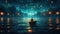 Night scenery of a man rowing a boat among many glowing moons floating on the sea, fantasy journey, surreal concept