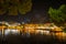 Night scenery view from the islet of Bourtzi, a small peninsula in port of Skiathos island, Greece