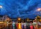 Night scenes of street traffic afer rain in wuhan ctiy