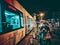 night scenes of tram running across the downtown of Wuhan