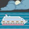 Night on the sea, moon light. Cruise ship. Flat design style.