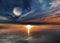 Night sea on sunset cloudy  starry sky sun light and big moon reflection on water waves nature backgroun