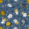 Night seamless pattern with cats astronauts discover universe. Perfect for T-shirt, textile and print. Hand drawn