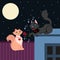 Night serenade, two loving cats, cat in love sings the serenade