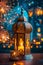 Night serene mosque background with glowing Arabic lantern. Islamic holiday banner. Ramadan Kareem