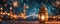 Night serene mosque background with glowing Arabic lantern. Islamic holiday banner. Ramadan Kareem