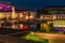 Night shot of a harbor on the Teltow Canal in Berlin-Tempelhof with boats, old warehouses and cranes. There are also restaurants w