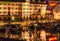 Night shot of a harbor on the Teltow Canal in Berlin-Tempelhof with boats, old warehouses and cranes. There are also restaurants w