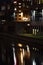 Night shot of a harbor on the Teltow Canal in Berlin-Tempelhof with warehouses and reflections from colorful lights on the water