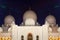 Night Shot of Illuminated Zayed Mosque in Abu Dhabi with White Marble Domes