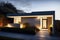Night shot of a minimalist modern bungalow with a steep garden and stone slabs in front of the entrance, made with generative ai
