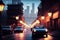 Night shot of a street with old fashioned glowing lanterns on the side of the road and car traffic in the big city, made with
