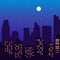 Night silhouette of buildings with colorful windows, full moon,stars, cartoon style