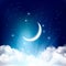 Night sky background with with crescent moon, clouds