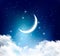 Night sky background with with crescent moon, clouds and stars.