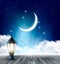 Night Sky Background With Crescent Moon And Ramadan Lamp
