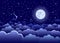 Night sky with clouds and stars, and the full glowing moon, land