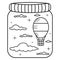 Night sky in a glass jar.Black and white doodle clouds,stars and aerostat balloon