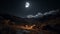 Night sky illuminates the mountain peak in a spooky atmosphere generated by AI