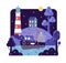 Night sky, lighthouse, boat with fish and small house on hill - vector cartoon illustration in flat stile