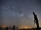 Night sky and milky way stars, Cygnus constellation over sea