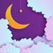 Night sky in paper cut style. Cut out 3d background with violet and blue gradient cloudy landscape with star on rope and