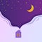 Night sky in paper cut style. Cute house with smoke from the chimney. 3d background with violet and blue gradient heaven