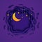 Night sky in round purple shape in paper cut style. 3d background with violet cloudy landscape with star on rope and