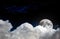 Night sky scene mock-up with white clouds, full moon and distant stars