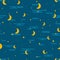 Night sky seamless pattern design. Moon, stars and clouds repetitive print. Children or kids lullaby repeating background for tex