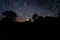 Night sky star trail over a caravan alone in nature