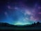 Night sky stars milky way blue purple sky in starry night over mountains. Generative AI