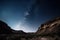 night sky with stars and moon over desert canyon, silhouetting the cliffs