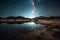 night sky with stars and moon over desert mirage of water