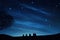 Night sky with stars and silhouettes of a family on the hill, Silhouettes of people observing stars in night sky. Astronomy