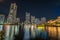 Night skyline view at Yokohama port Minato Mirai 21 seaside buildings. (Port of the future)