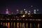 Night skyline of Warsaw with moon