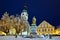 Night snowy square of the city of Tabor in the Czech Republic