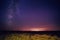 Night Starry Sky Above Field And Yellow City Lights On Background