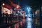 Night street cafe in rainy weather. Generative AI