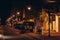 Night street of a small coastal Mexican city. Parked cars, shop windows, bars. Cozumel Island. Mexico