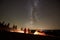 Night summer camping in the mountains under night starry sky